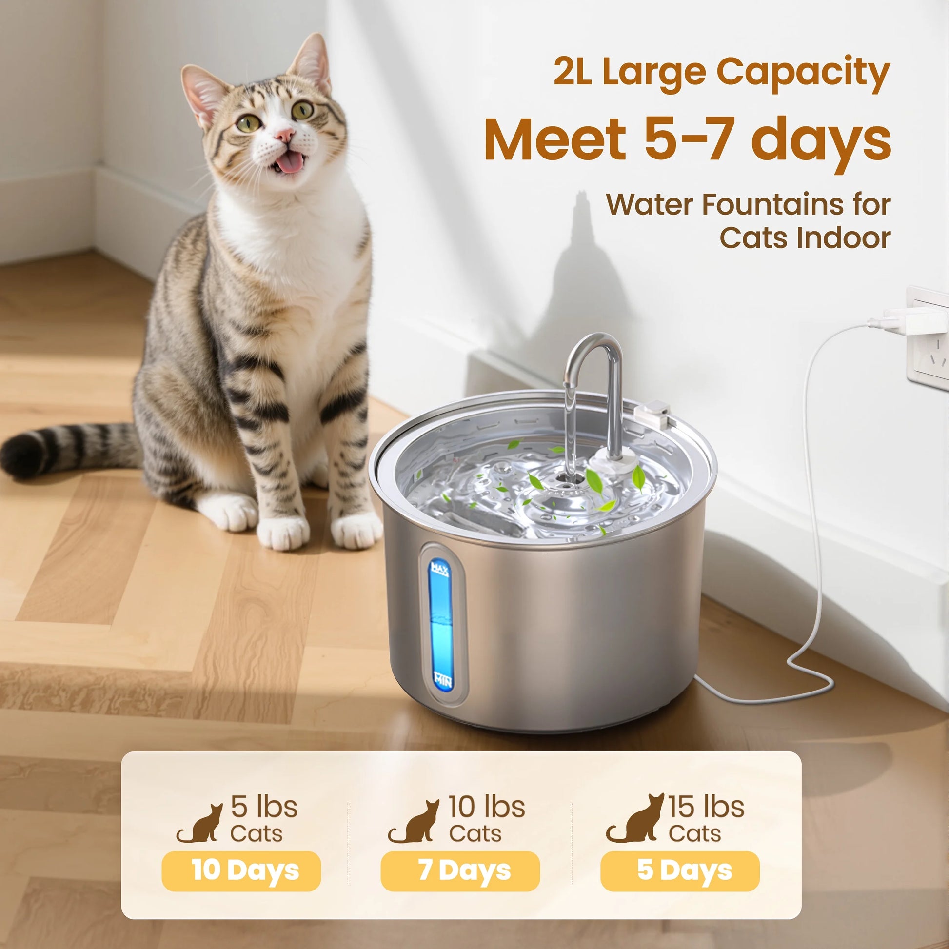 Fuente De Agua De Acero Inoxidable 2L Para Gatos - Silenciosa
