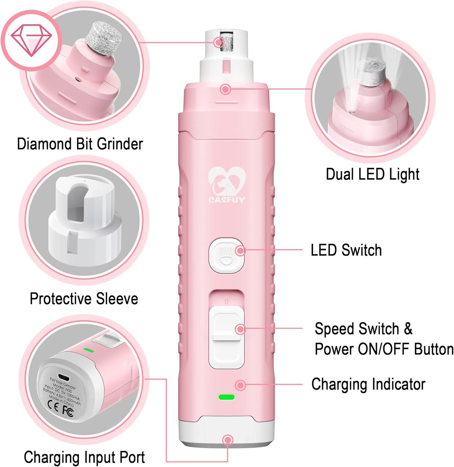 Pulidor De Uñas Eléctrico Silencioso Con Luz LED Para Perros Y Gatos